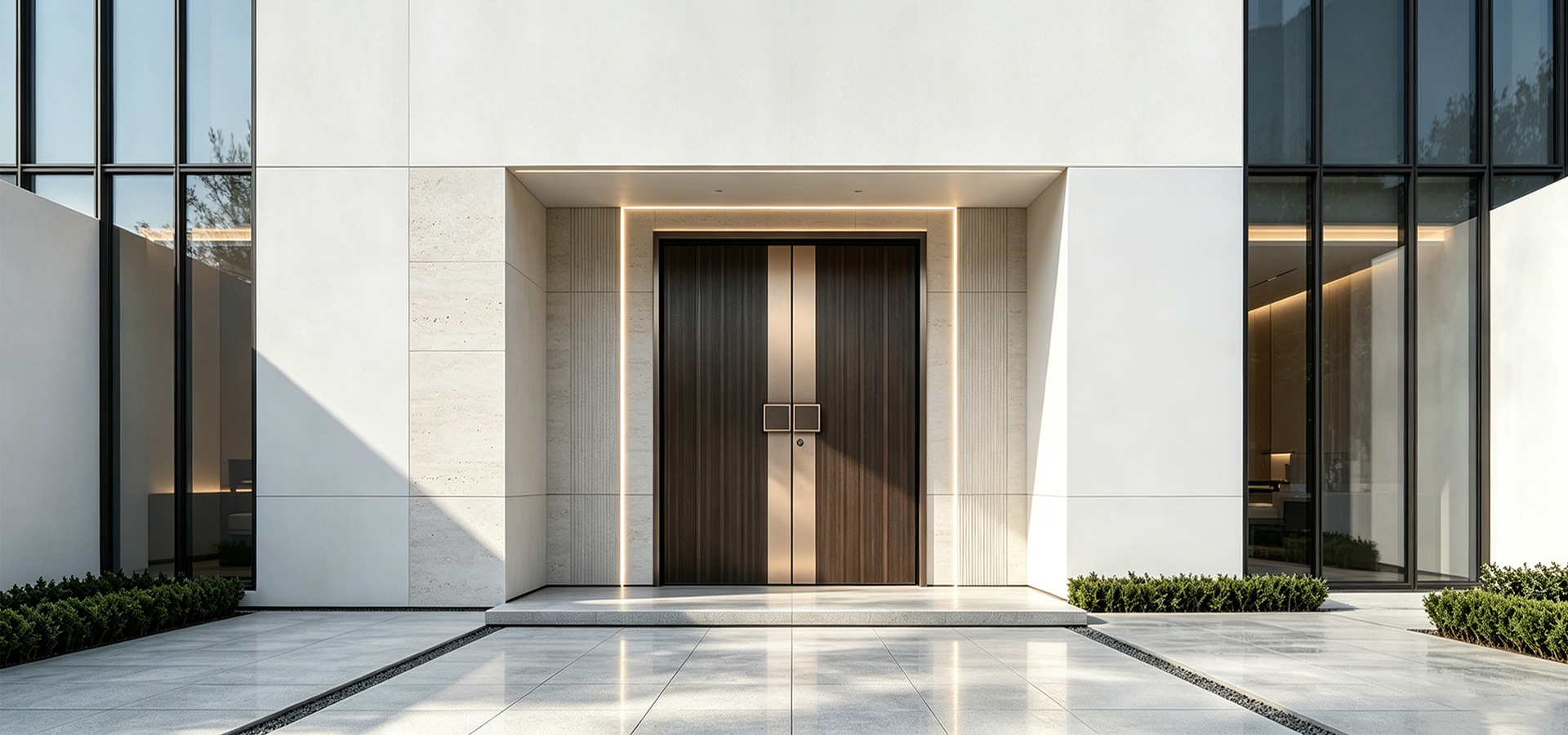 Aluminum double entry doors on a villa facade