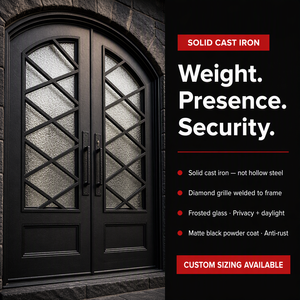Custom Luxury Minimalist Matte Black Wrought Iron Steel Arched Double Entry Door Diamond Grille Frosted Glass Exterior Villa 5