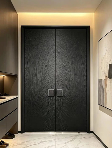 Aluminum double entry door with decorative panels