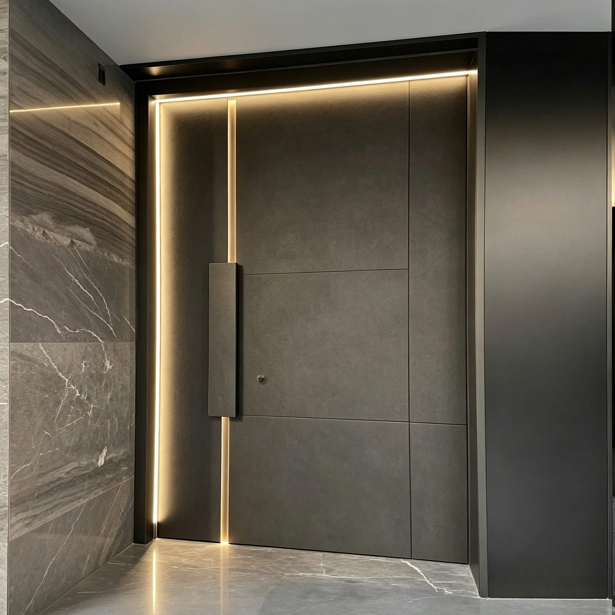 P-123 Polar Black Modern Engraved Pivot Door