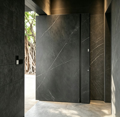P-102 Polar Black Wood Grain Pivot Door