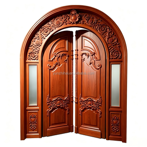 High-End Arched Double Door Featuring Glass Inserts And Handcrafted Mahogany Wood